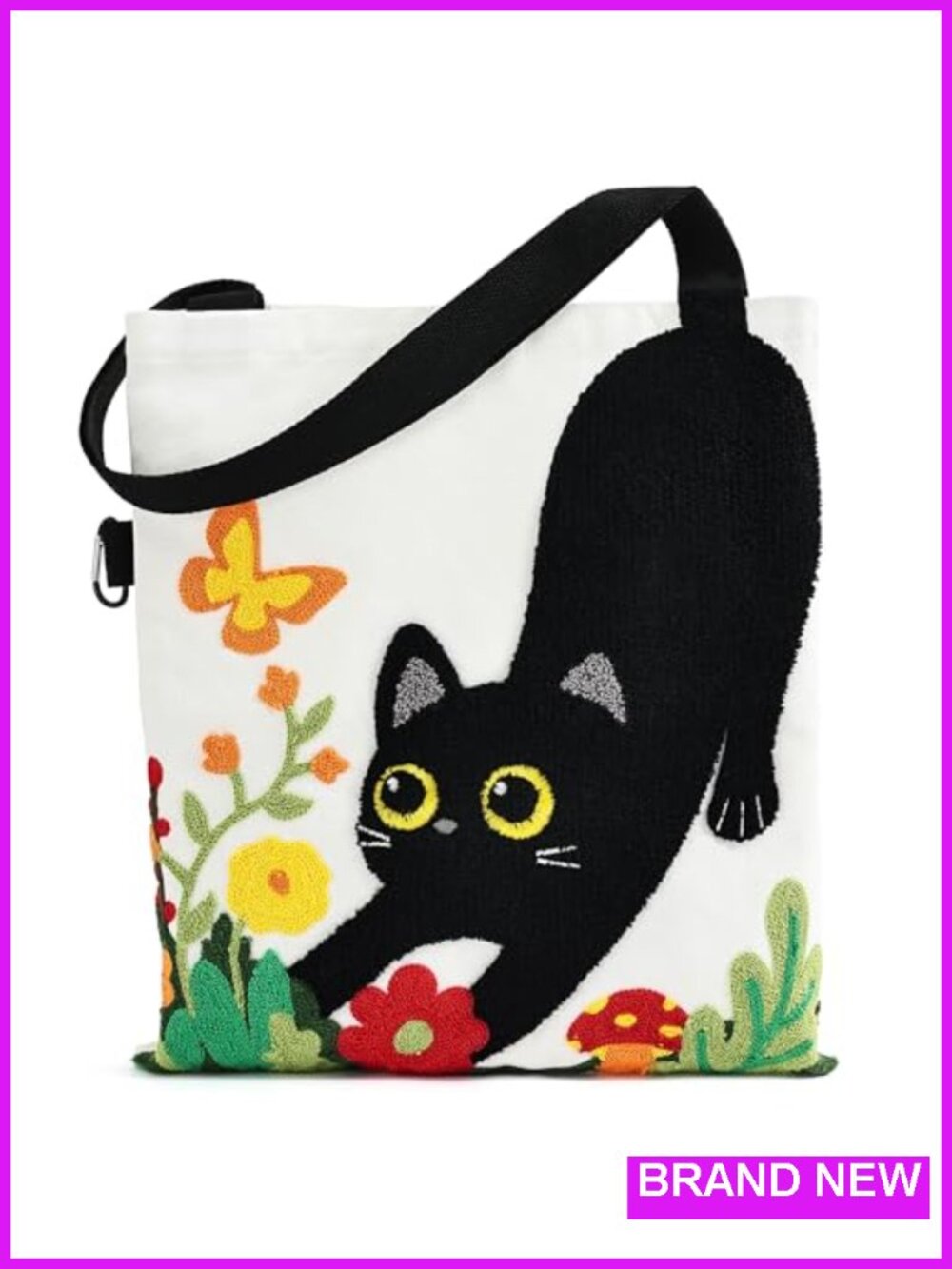 3D Embroidered Black Cat Canvas Tote Bag Women Reusable Shoulder Bag for Work